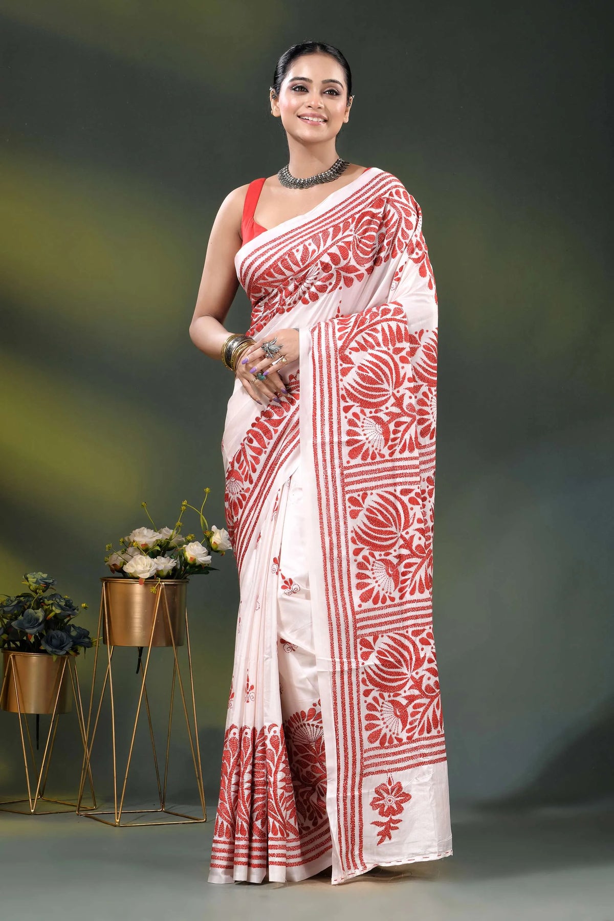 Handcrafted white kantha stitch silk saree with red floral design 7