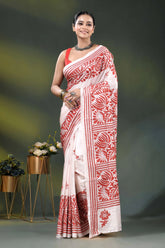 Handcrafted white kantha stitch silk saree with red floral design 7