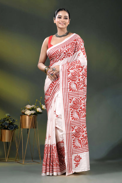 Handcrafted white kantha stitch silk saree with red floral design 7