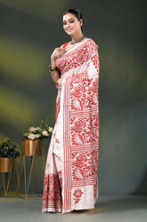 Handcrafted white kantha stitch silk saree with red floral design 3