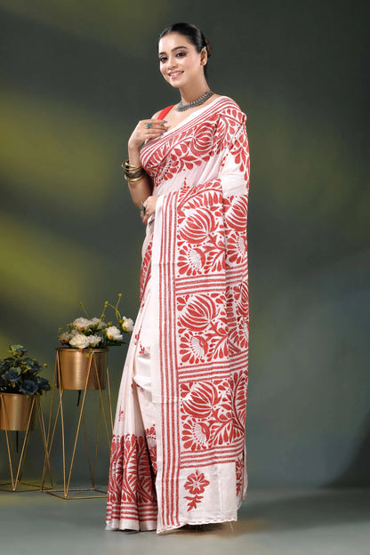 Handcrafted white kantha stitch silk saree with red floral design 3