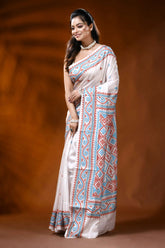 Handcrafted white silk gujarati stitch saree with multicolor thread 3