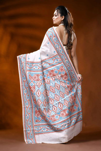 Handcrafted white silk gujarati stitch saree with multicolor thread 5