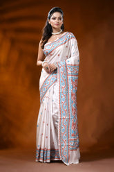 Handcrafted white silk gujarati stitch saree with multicolor thread 6