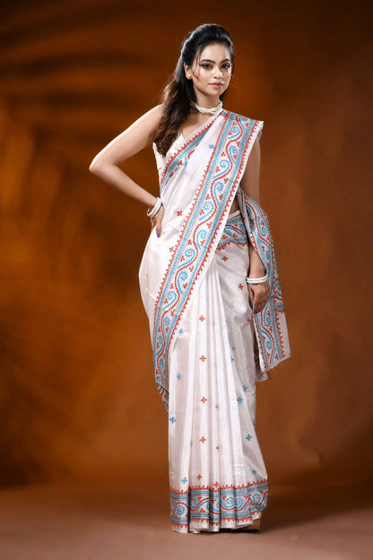 Handcrafted white silk gujarati stitch saree with multicolor thread 4