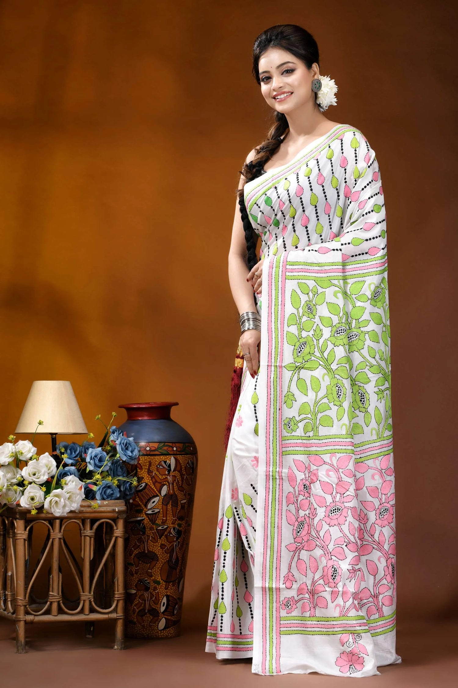 Handcrafted white silk kantha work saree with multithread floral design woman wears white saree adorned 3