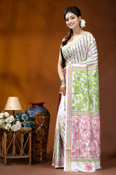 Handcrafted white silk kantha work saree with multithread floral design woman wears white saree adorned 3