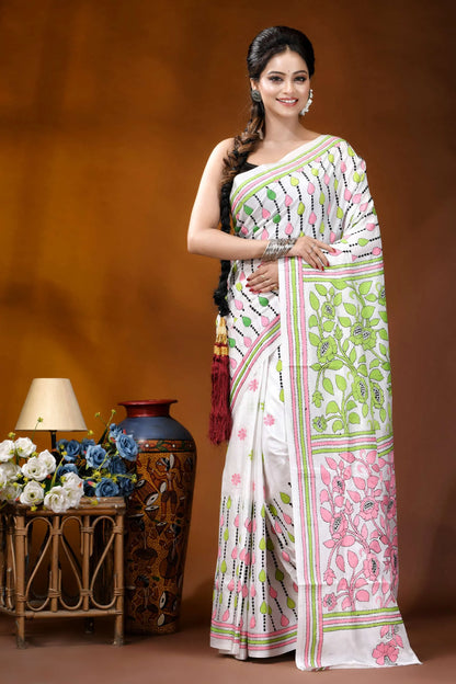 Handcrafted white silk kantha work saree with multithread floral design white sari adorned vibrant pink 1