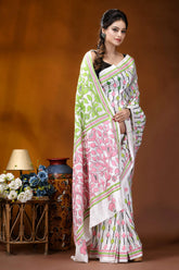 Handcrafted white silk kantha work saree with multithread floral design woman wears white saree pink 7