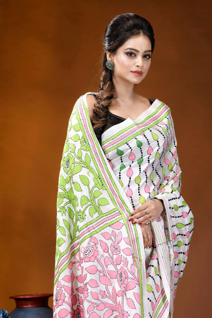 Handcrafted white silk kantha work saree with multithread floral design woman wears white saree vibrant 2
