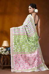Handcrafted white silk kantha work saree with multithread floral design woman wears white saree vibrant 5