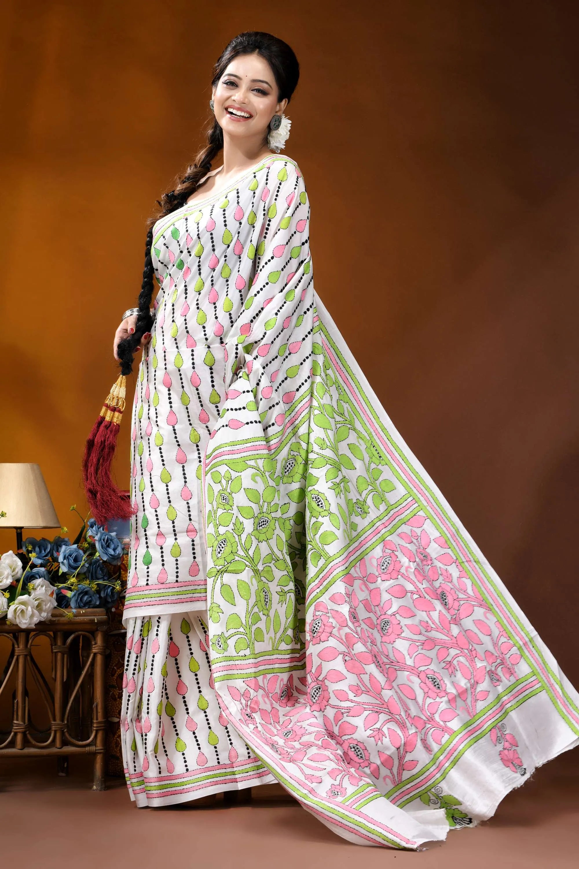 Handcrafted white silk kantha work saree with multithread floral design woman wears white saree pink 4