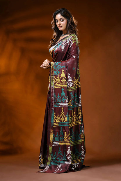 Handcrafted wine berry kutch work saree in silk - multicolor ethnic motif 3