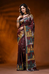 Handcrafted wine berry kutch work saree in silk - multicolor ethnic motif 6