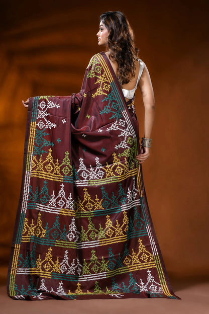 Handcrafted wine berry kutch work saree in silk - multicolor ethnic motif 5