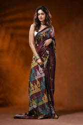 Handcrafted wine berry kutch work saree in silk - multicolor ethnic motif 4