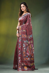 Handcrafted wine berry silk kantha saree with elegant paisley embroidery maroon adorned intricate 3