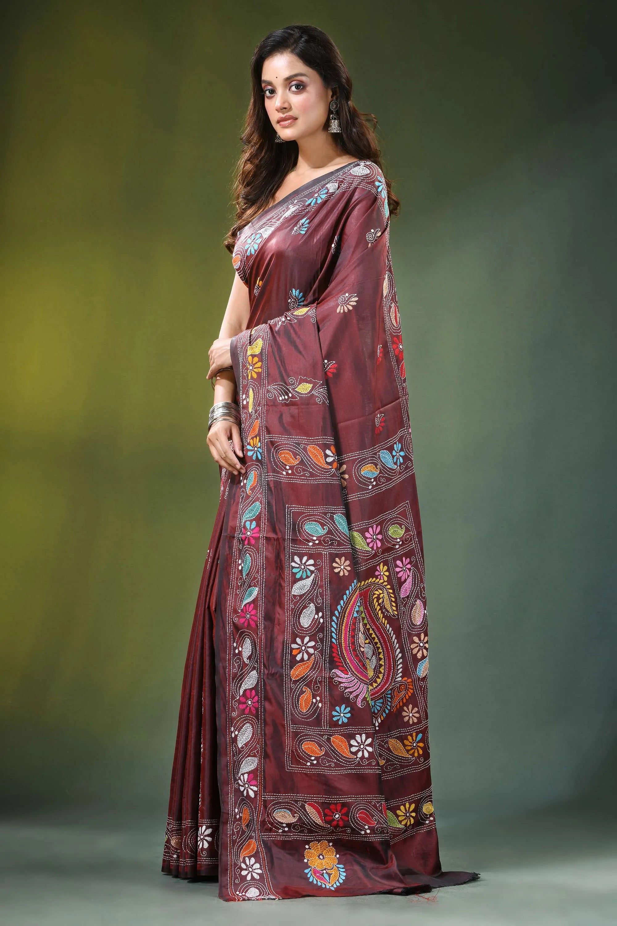 Handcrafted wine berry silk kantha saree with elegant paisley embroidery maroon adorned intricate 3