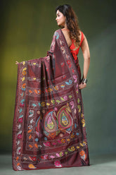 Handcrafted wine berry silk kantha saree with elegant paisley embroidery maroon adorned intricate 5