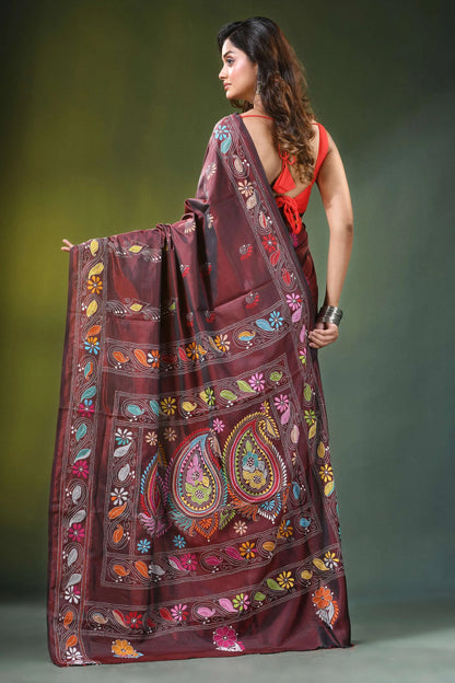 Handcrafted wine berry silk kantha saree with elegant paisley embroidery maroon adorned intricate 5