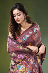Handcrafted wine berry silk kantha saree with elegant paisley embroidery maroon adorned intricate 2