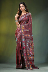Handcrafted wine berry silk kantha saree with elegant paisley embroidery maroon adorned intricate 6