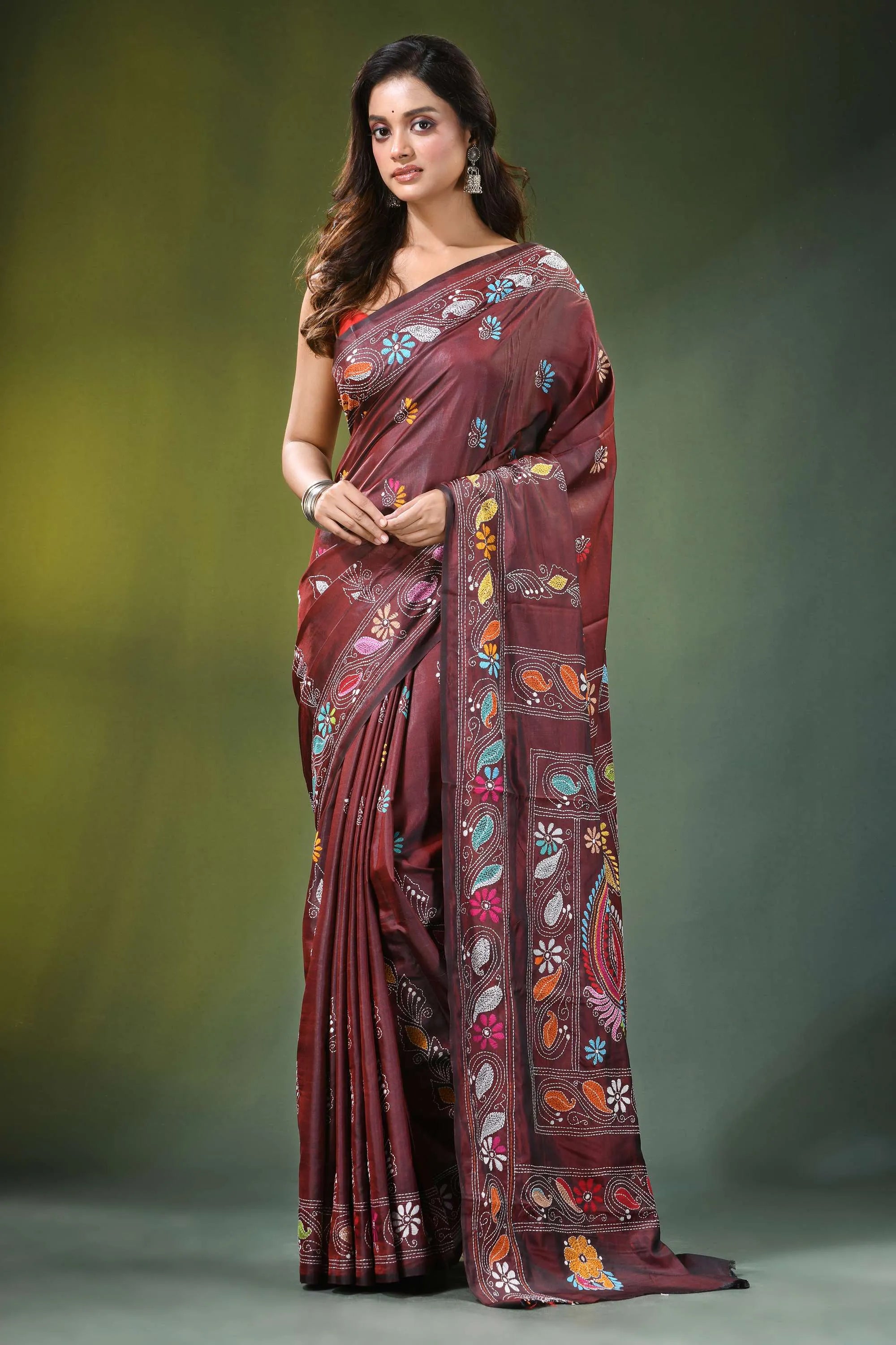 Handcrafted wine berry silk kantha saree with elegant paisley embroidery maroon adorned intricate 1