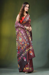 Handcrafted wine berry silk kantha saree with elegant paisley embroidery maroon adorned vibrant 4