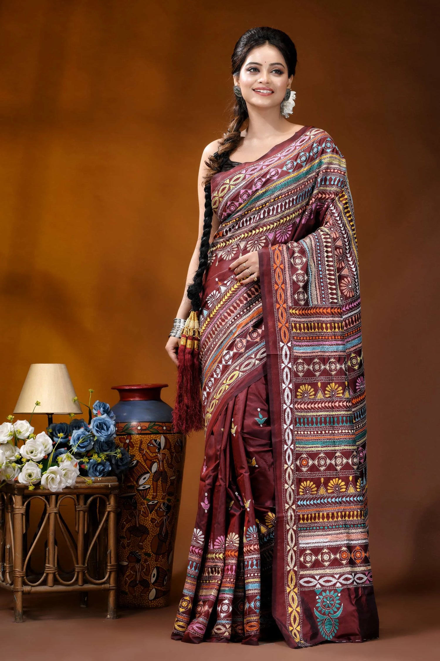 Handcrafted wine berry silk kantha work saree with multicolor-thread maroon silk saree intricate multicolored 6