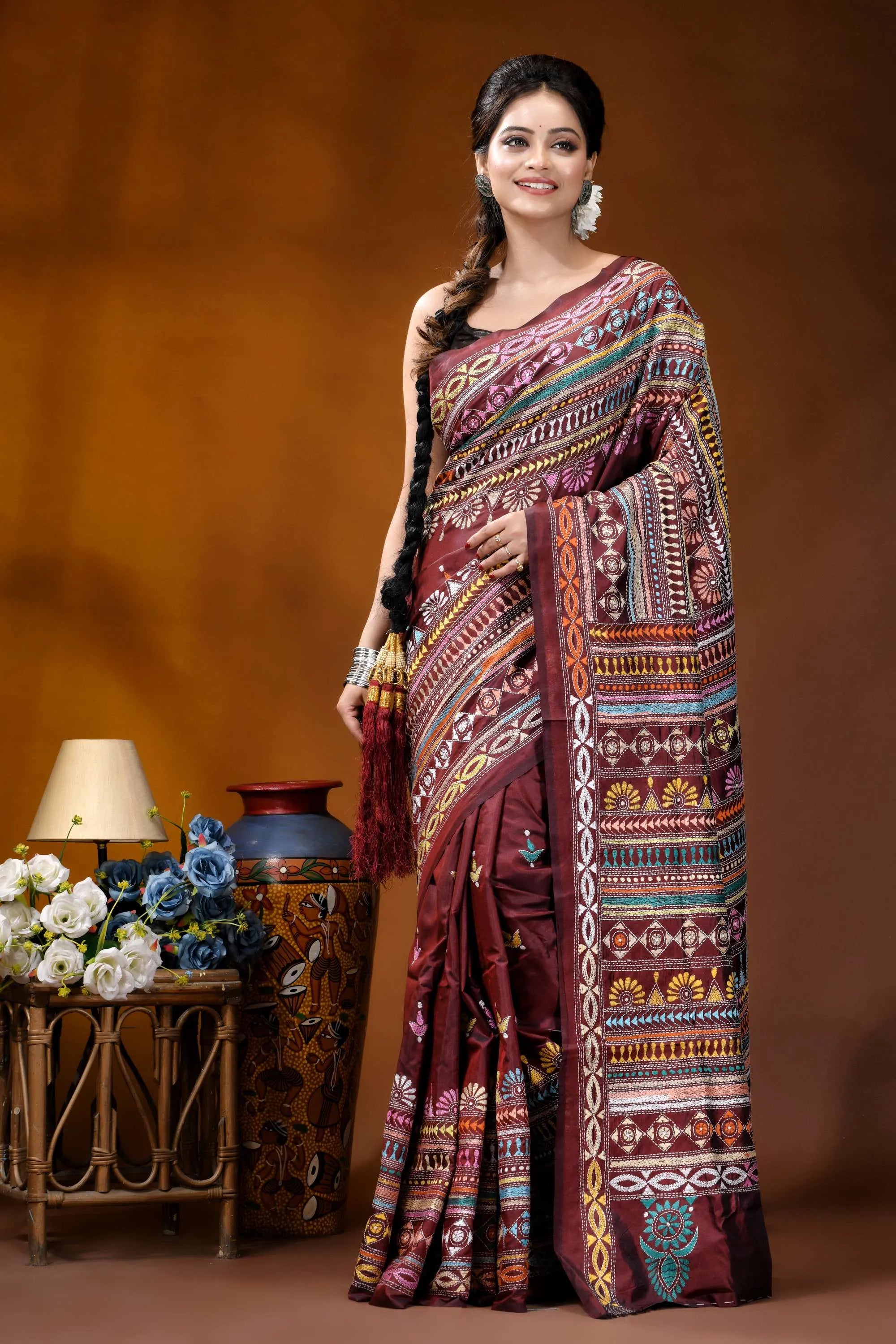 Handcrafted wine berry silk kantha work saree with multicolor-thread maroon silk saree intricate multicolored 6