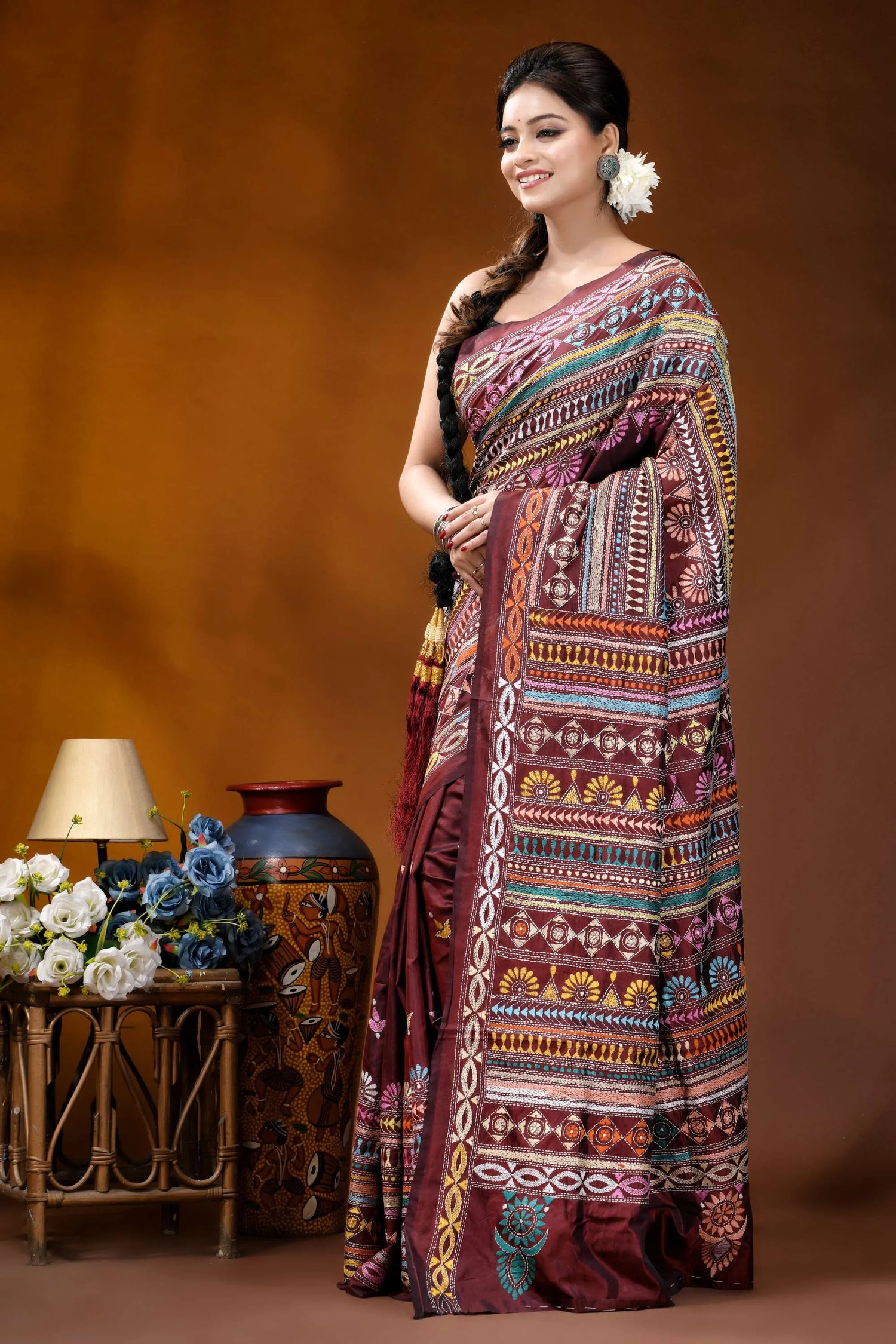 Handcrafted wine berry silk kantha work saree with multicolor-thread maroon saree intricate multicolored geometric 3