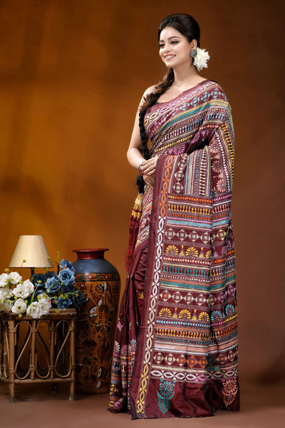 Handcrafted wine berry silk kantha work saree with multicolor-thread maroon saree intricate multicolored geometric 3