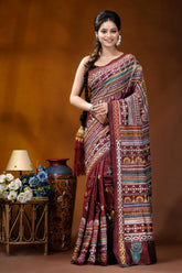 Handcrafted wine berry silk kantha work saree with multicolor-thread maroon silk saree adorned intricate 1