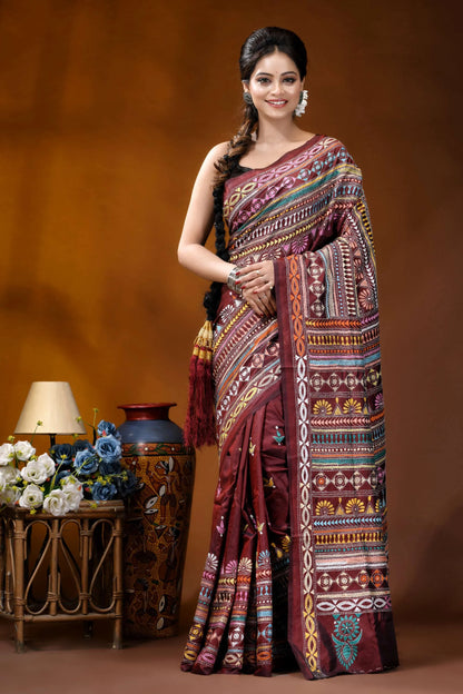 Handcrafted wine berry silk kantha work saree with multicolor-thread maroon silk saree adorned intricate 1