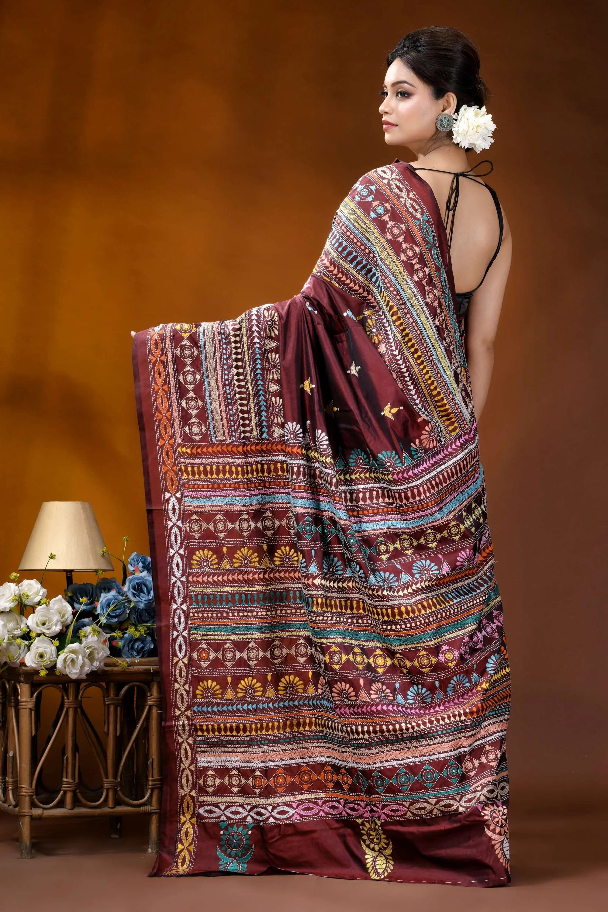 Handcrafted wine berry silk kantha work saree with multicolor-thread maroon silk saree intricate multicolored 5