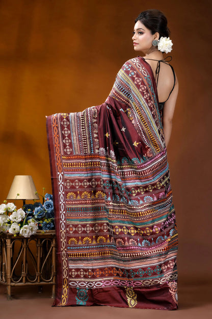 Handcrafted wine berry silk kantha work saree with multicolor-thread maroon silk saree intricate multicolored 5