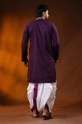 Handcrafted wine cotton kantha punjabi for men - reverse floral design 1