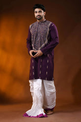 Handcrafted wine cotton kantha punjabi for men - reverse floral design 3