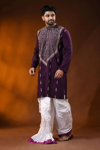 Handcrafted wine cotton kantha punjabi for men - reverse floral design 5