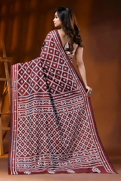 Handcrafted wine kutch embroidered silk saree with mirror detailing 6