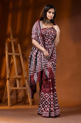 Handcrafted wine kutch embroidered silk saree with mirror detailing 4