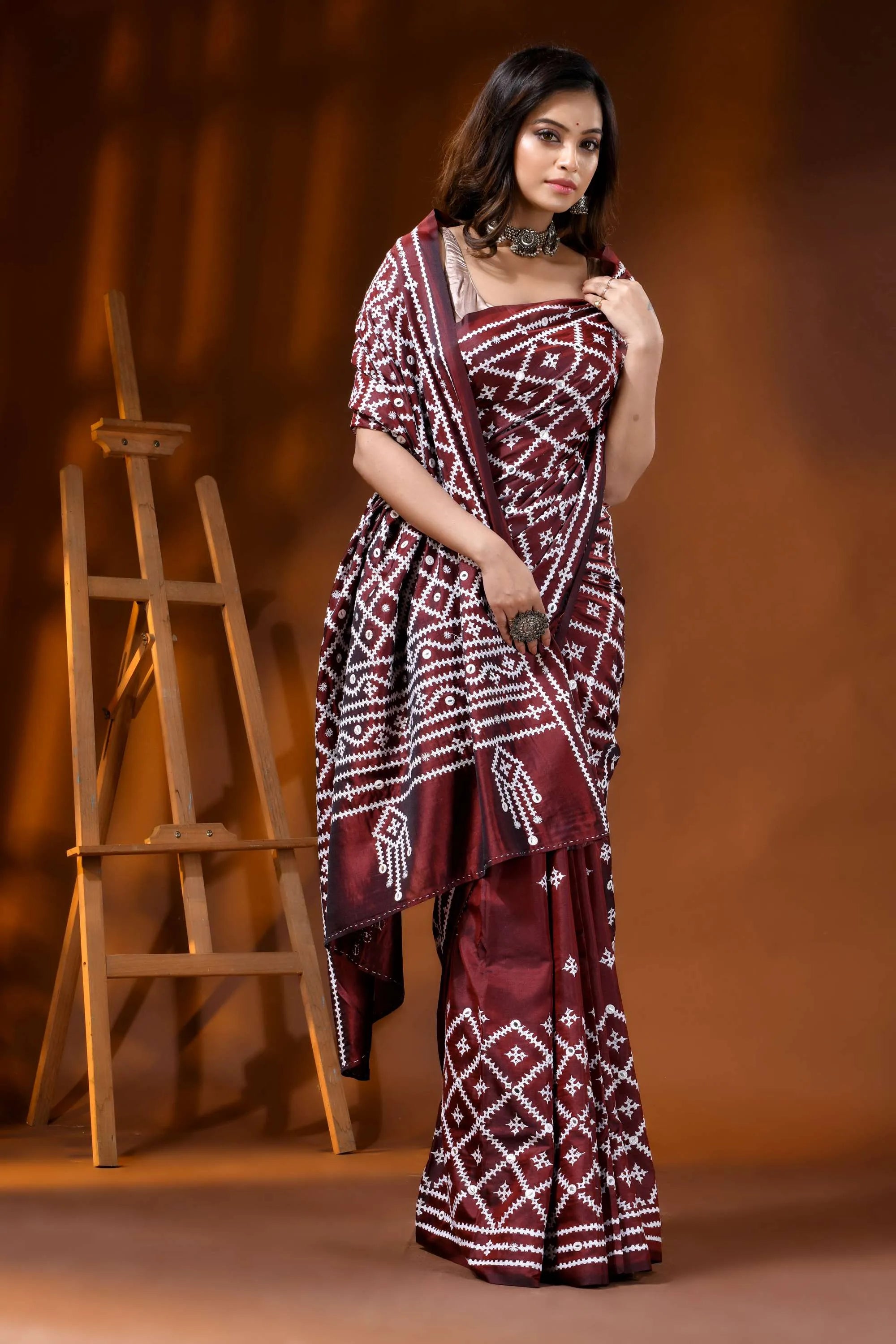 Handcrafted wine kutch embroidered silk saree with mirror detailing 4
