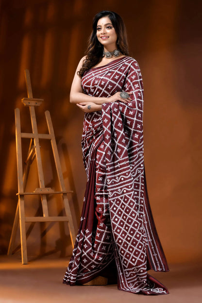 Handcrafted wine kutch embroidered silk saree with mirror detailing 3