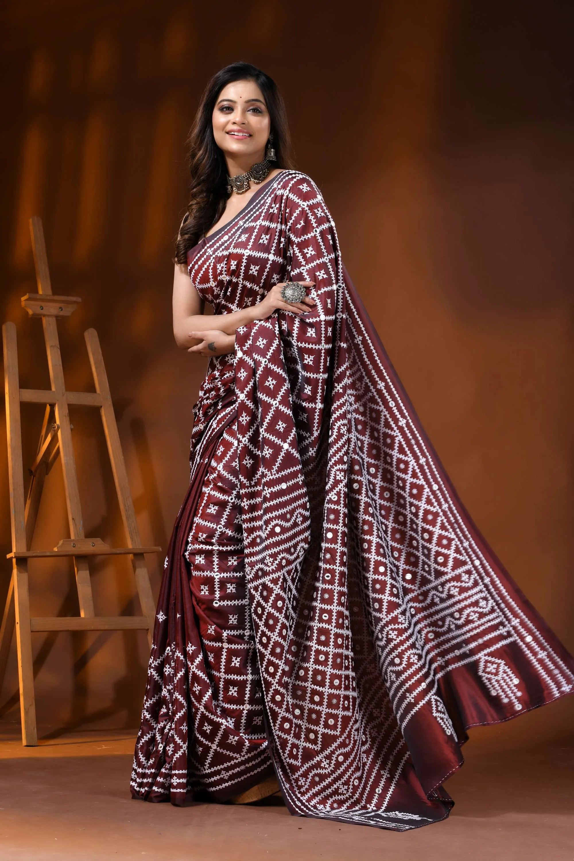Handcrafted wine kutch embroidered silk saree with mirror detailing 5