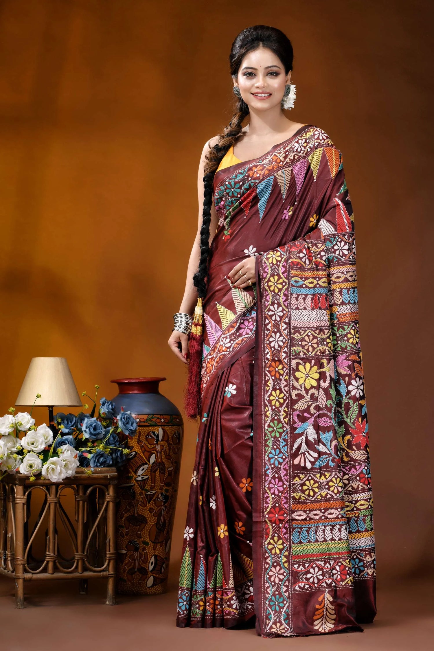 Handcrafted wine silk kantha saree featuring multi-thread design maroon silk saree adorned intricate 1