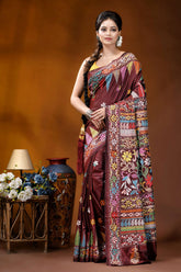 Handcrafted wine silk kantha saree featuring multi-thread design maroon silk saree adorned intricate 6
