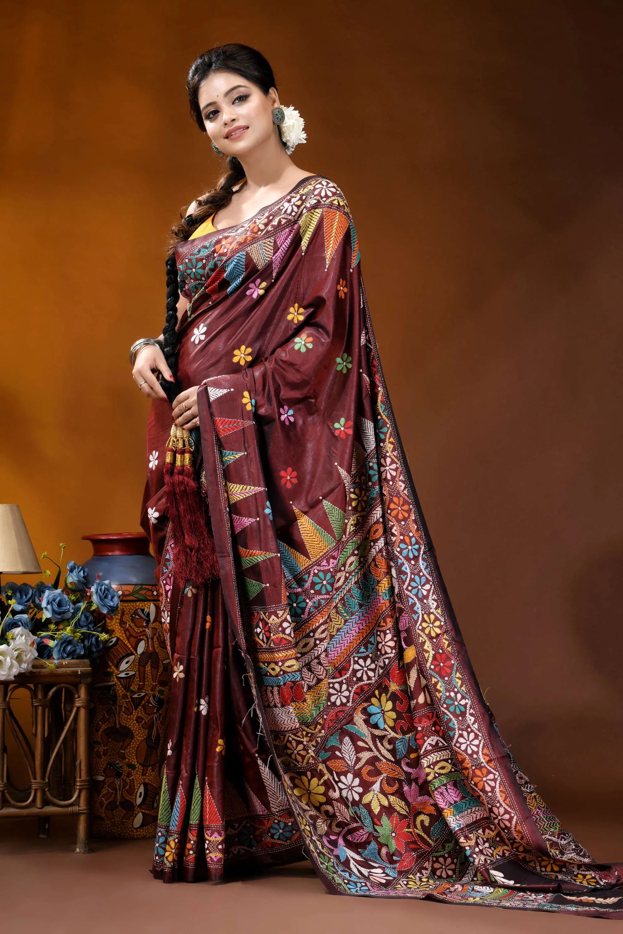 Handcrafted wine silk kantha saree featuring multi-thread design maroon silk saree adorned intricate 4