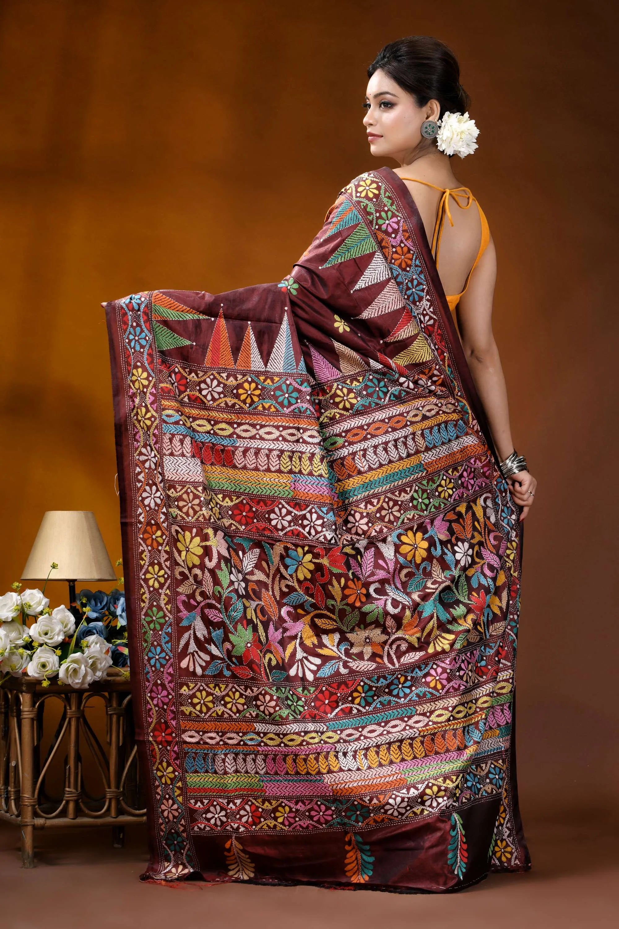Handcrafted wine silk kantha saree featuring multi-thread design maroon silk saree adorned intricate 5