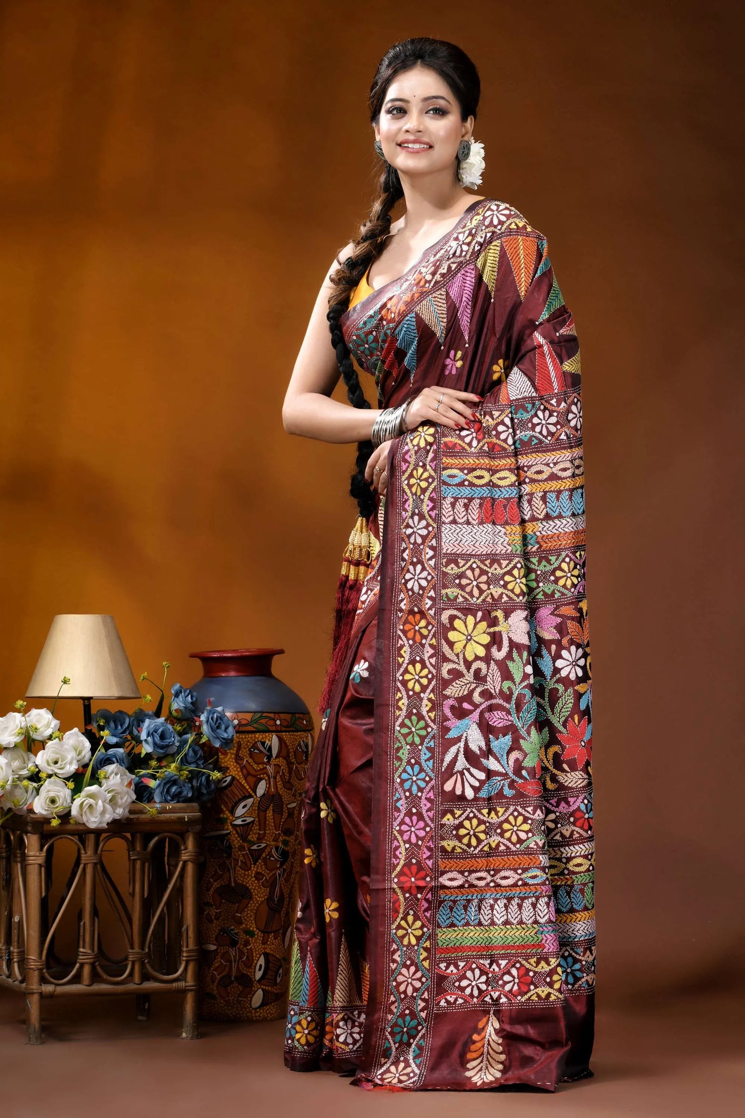 Handcrafted wine silk kantha saree featuring multi-thread design maroon silk saree intricate multicolored 3