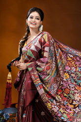 Handcrafted wine silk kantha saree featuring multi-thread design maroon silk saree intricate multicolored 2